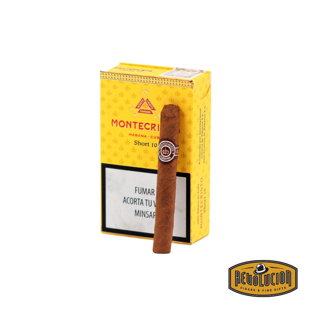 Montecristo Shorts Medium Strength Cuban Cigarillo displayed with its original box and a cigarillo in front, showcasing its elegant design and premium craftsmanship.