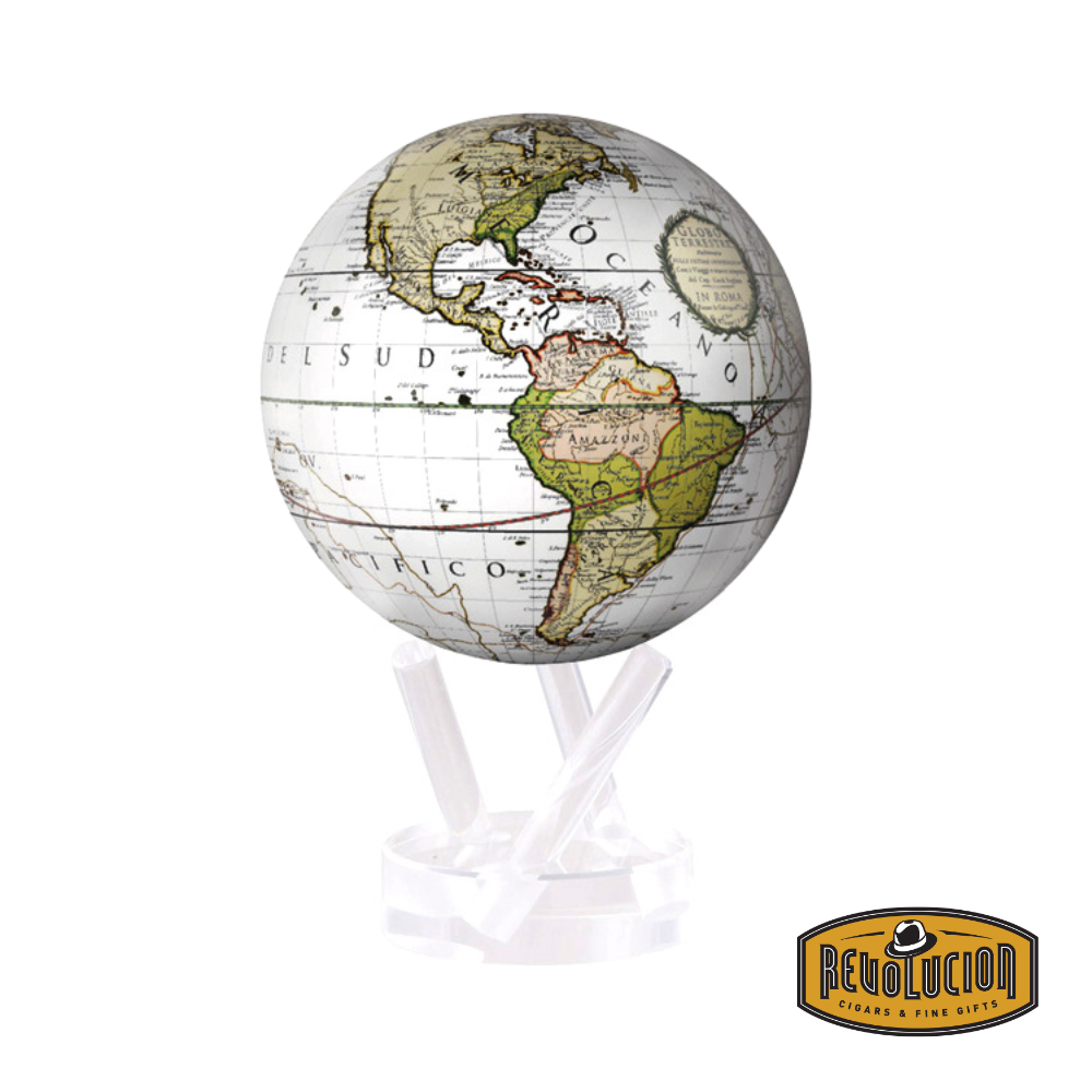 Mova Antique Terrestrial White Globe (4.5") with vintage-style map design, resting on a clear acrylic base.