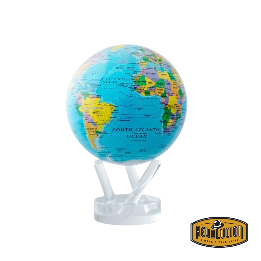 A standalone Mova Blue Political World Globe (4.5") on a clear acrylic base, highlighting its vibrant blue ocean and political boundaries with a clean white background.