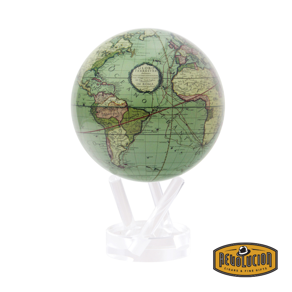 Vintage-style green terrestrial globe with intricate map details, displayed on a sleek clear acrylic stand, alongside the Revolucion Cigars &amp; Fine Gifts logo