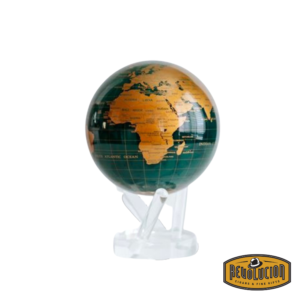 Mova Gold Terrestrial Rotating Globe (6") with dark green oceans and gold-toned landmasses, elegantly displayed on a transparent acrylic base.