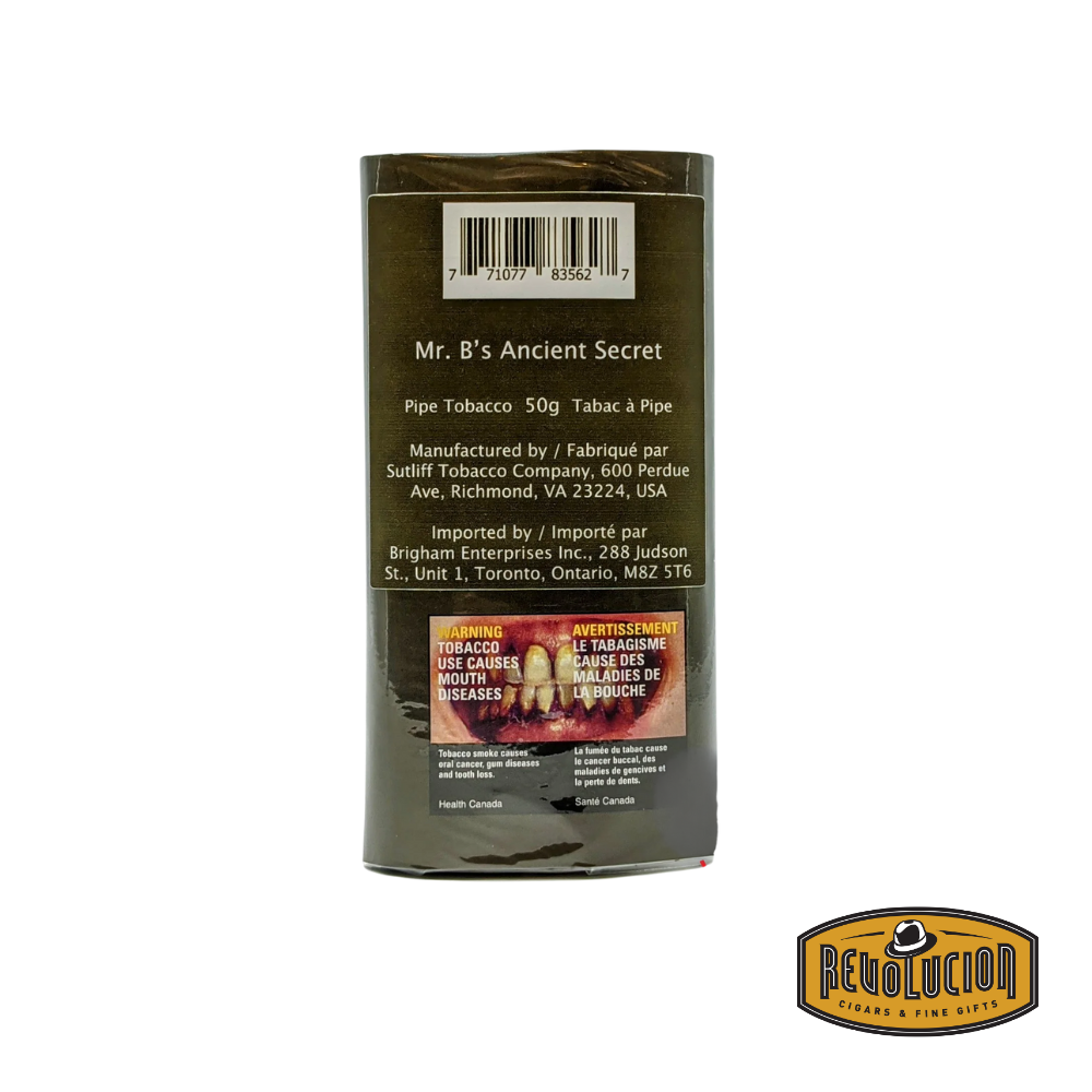 Mr. B's Ancient Secrets Pipe Tobacco 50g pouch, featuring its distinct packaging and branding.