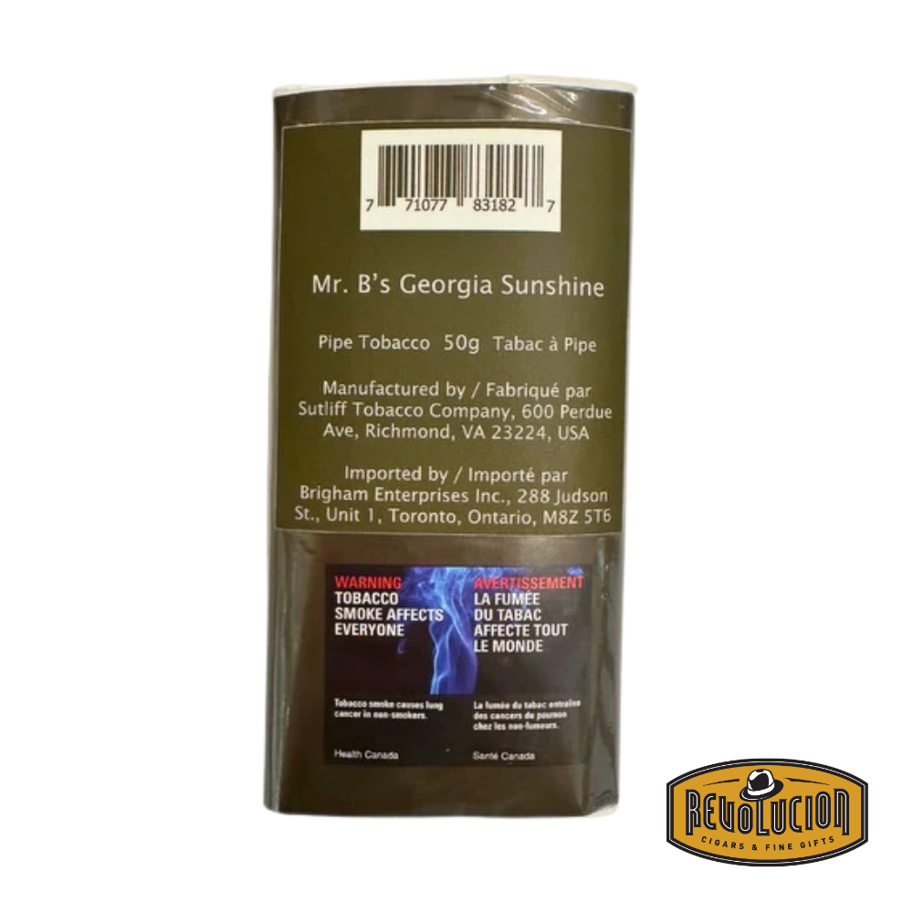 Mr. B's Georgia Sunshine Pipe Tobacco 50g pouch, featuring a blend of Golden Cavendish tobaccos with a rich, aromatic scent.