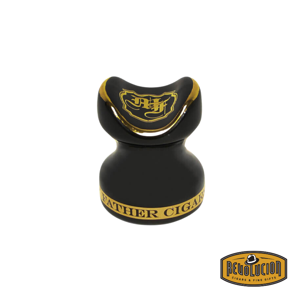 My Father Cigar Holder in Black Ceramic with gold accents, featuring the iconic My Father Cigars logo, displayed with the Revolucion Cigars &amp; Fine Gifts logo.