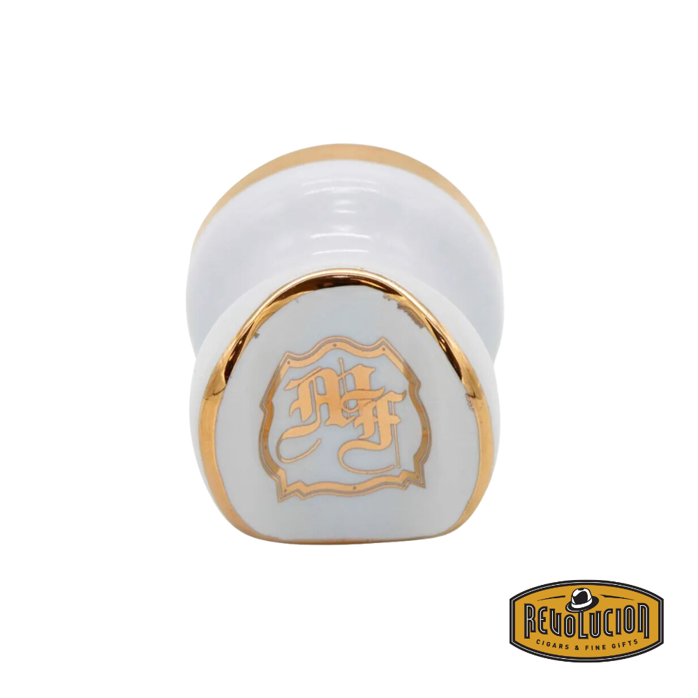 My Father Cigar Holder in White Ceramic with gold accents, featuring the iconic My Father Cigars logo, displayed with the Revolucion Cigars & Fine Gifts logo.