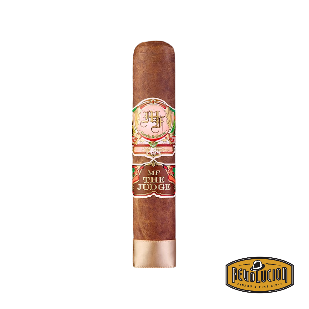 Box of My Father The Judge Grand Robusto cigars with dark wrappers, neatly arranged and banded with gold and brown labels.