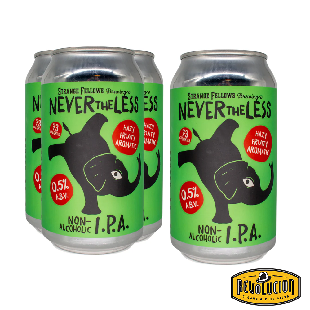 Cans of Nevertheless Non-Alcoholic IPA from Strange Fellows Brewing, featuring a vibrant green design with an elephant, highlighting its 0.5% ABV and fruity, hazy, aromatic characteristics. www.revolucionstyle.com