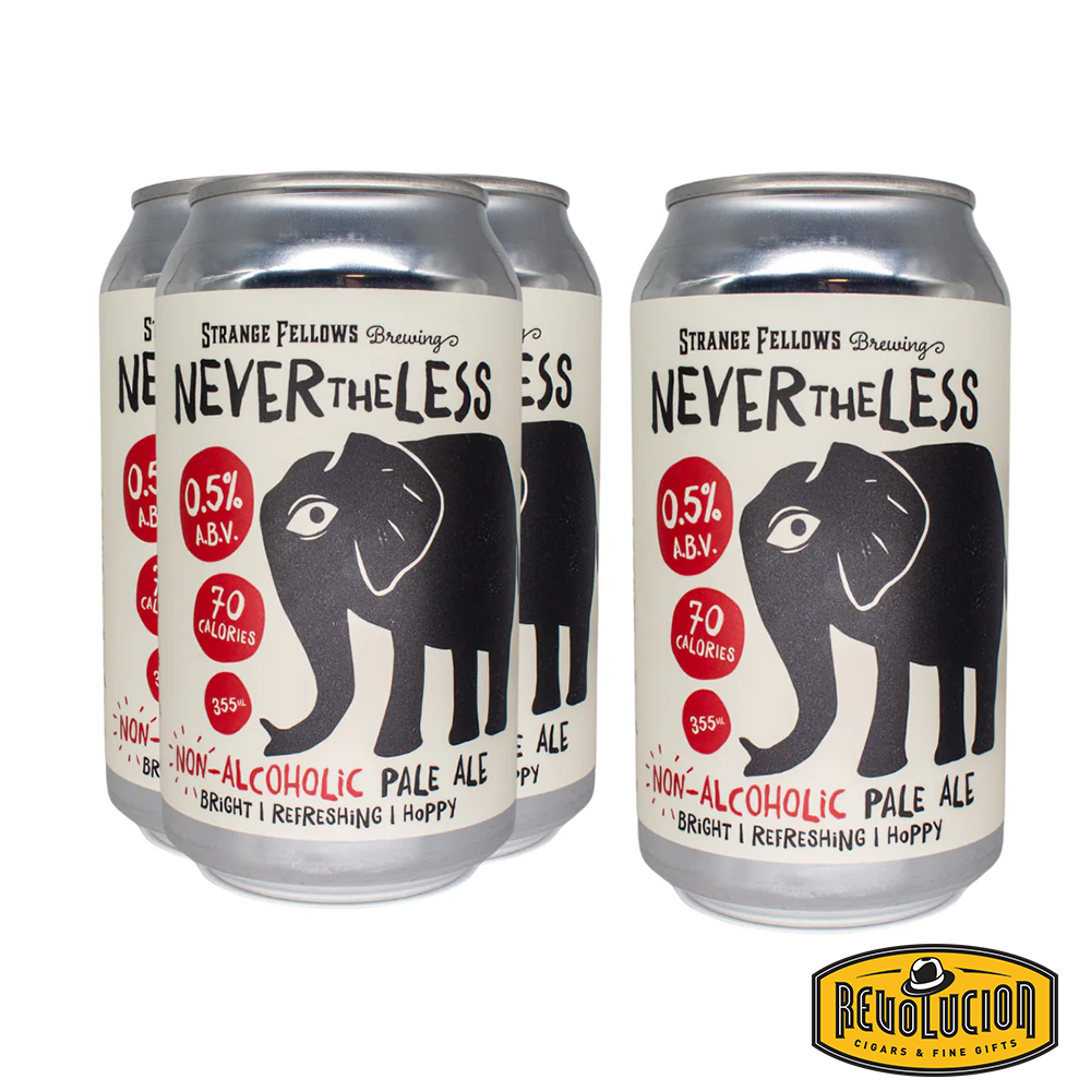 Four cans of Nevertheless Non-Alcoholic Pale Ale from Strange Fellows Brewing, featuring a black elephant graphic on the label. The cans highlight key details such as 0.5% ABV, 70 calories, and descriptors like “Bright,” “Refreshing,” and “Hoppy.” www.revolucionstyle.com