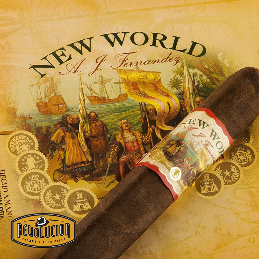 AJ Fernandez New World Virrey Gordo cigar placed diagonally on a decorative background with the cigar's band and the 'New World' logo prominently displayed, showcasing historic explorers and ships