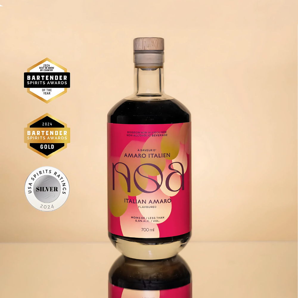 NOA Italian Amaro Non-Alcoholic 700 ml bottle proudly displayed with visible awards and recognition badges for its quality and craftsmanship.