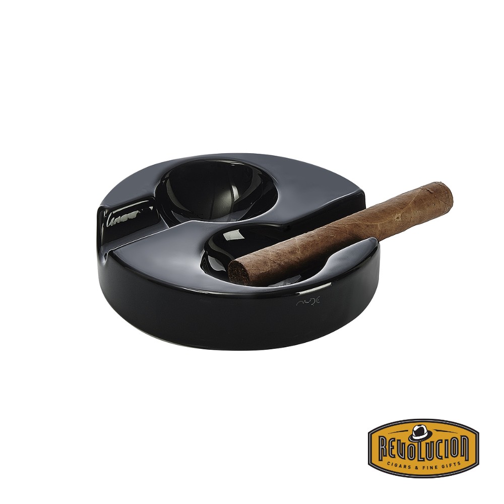Front view of the Nude Altruist Cigar Ashtray Black, showcasing its sleek black glass design with a modern, minimalist aesthetic.