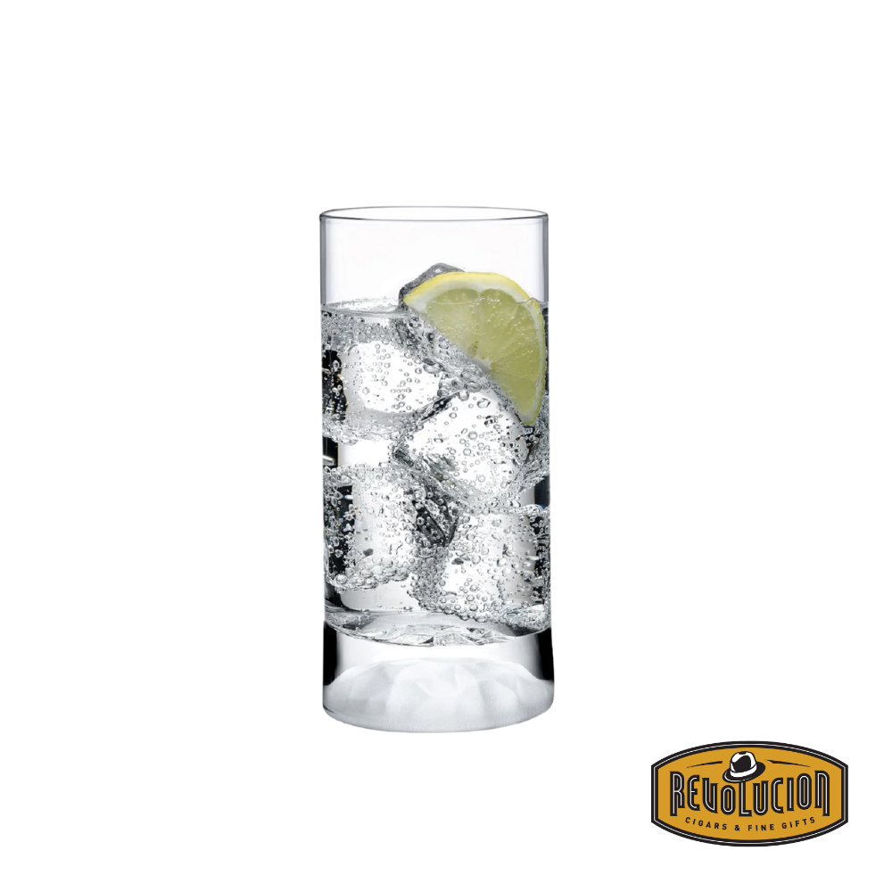 Nude Club Ice Highball Glasses set of 4, filled with sparkling water, highlighting their sophisticated shape and versatility for refreshing beverages.