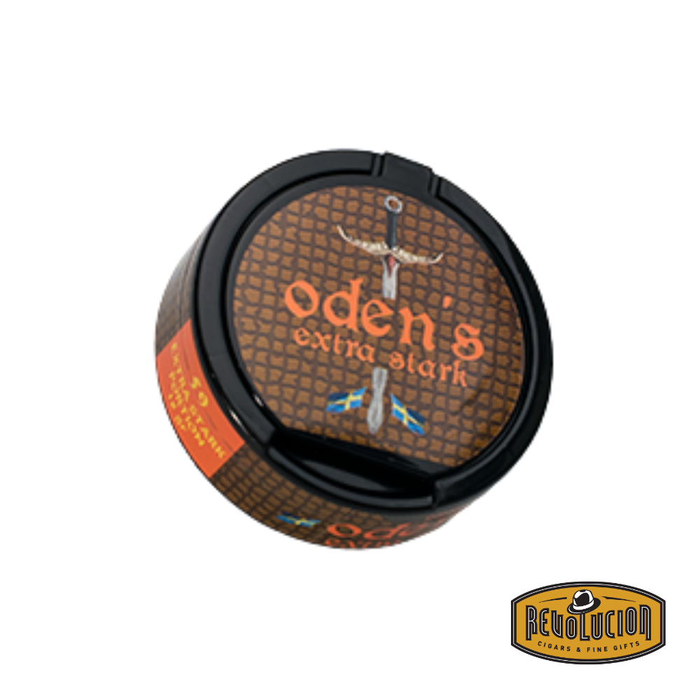 Closed can of Oden's 59 Extra Stark Snus, featuring 18mg/g nicotine for a bold and intense experience.