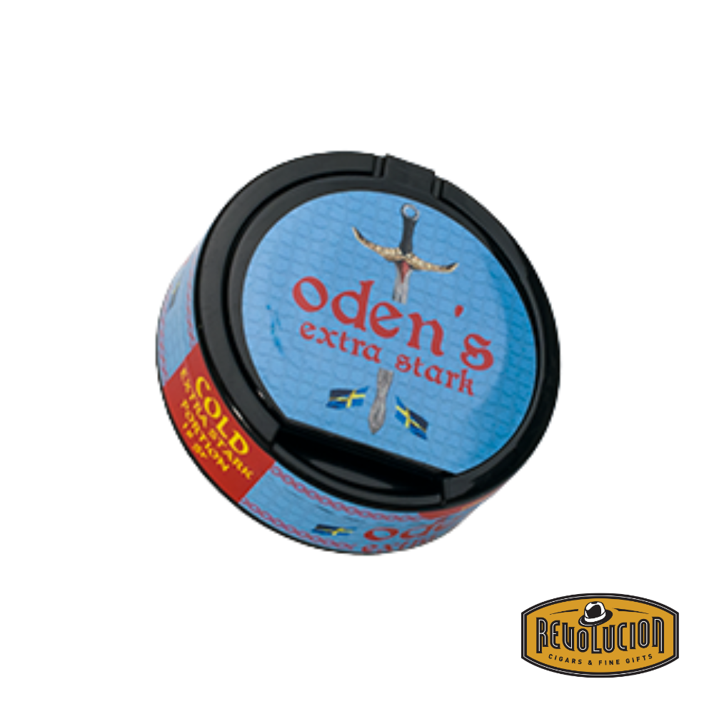 Closed can of Oden’s Cold Extra Stark Snus, featuring a high 24mg/g nicotine strength with an intense menthol kick.