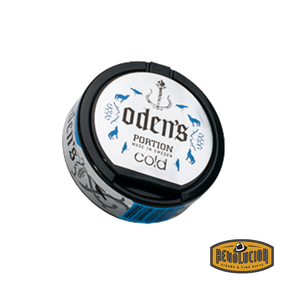 Closed can of Oden's Cold Portion Snus, featuring a bold 16mg/g nicotine strength with a refreshing menthol kick.