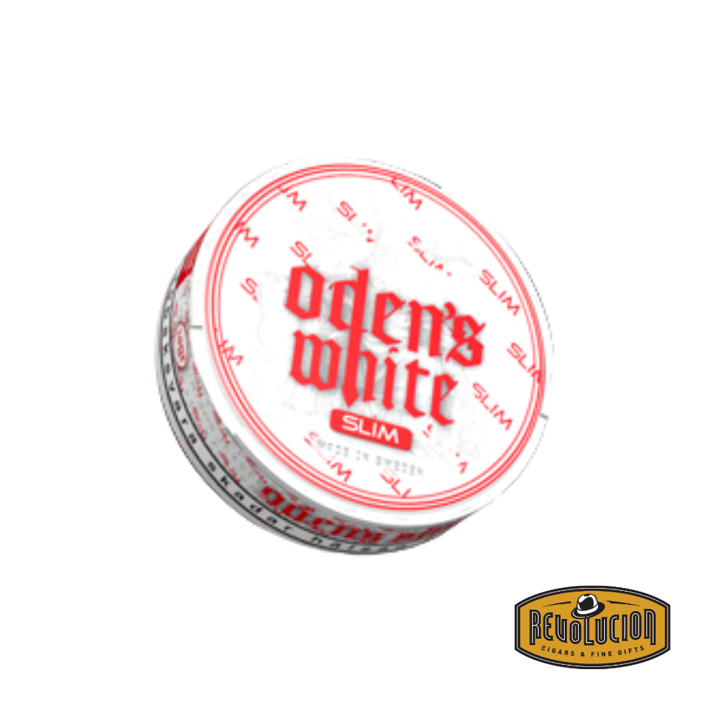Closed can of Oden's Extreme White Slim Snus, featuring 27mg nicotine for a strong and refined experience.