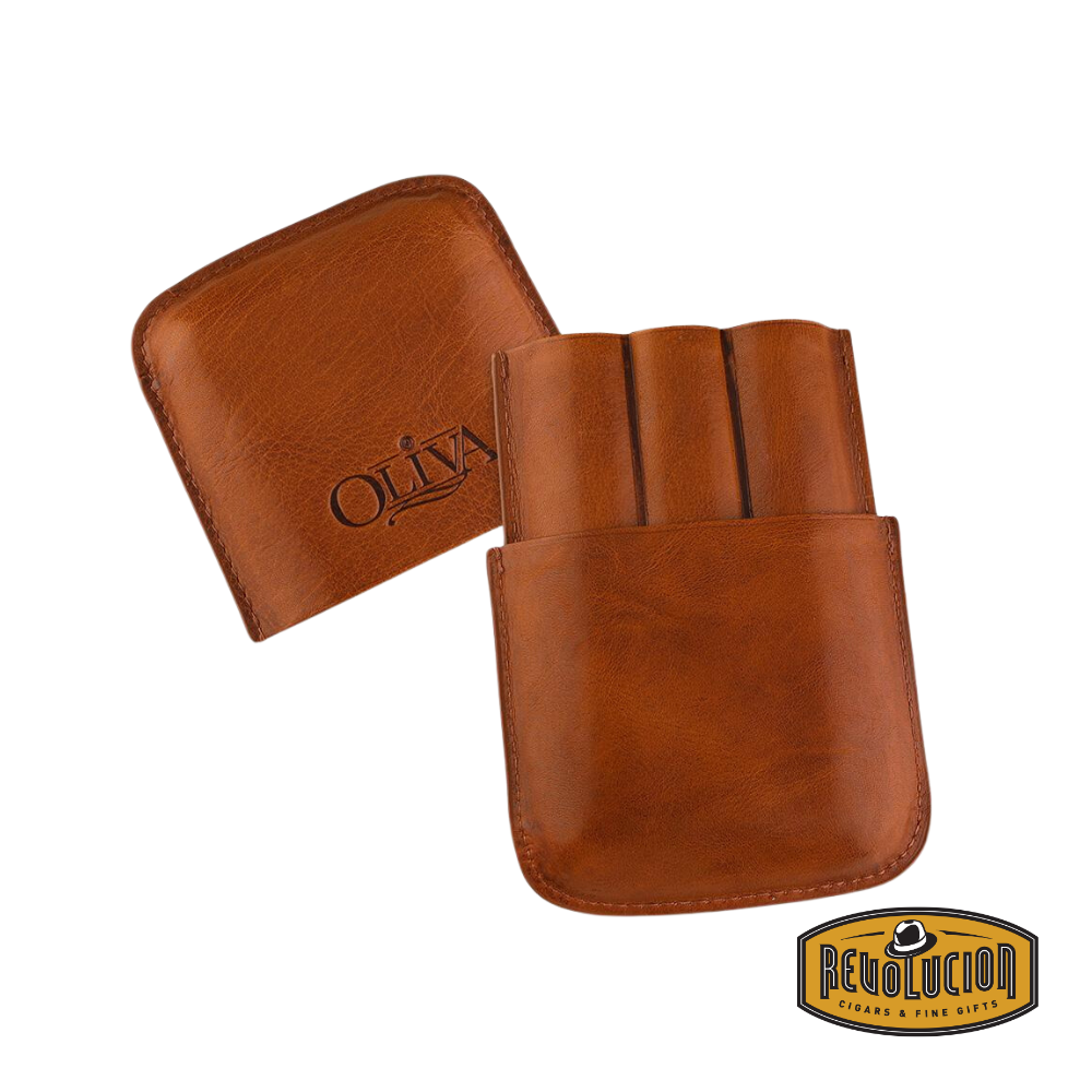 Oliva 3-Cigar Leather Case in rich brown leather, featuring the iconic Oliva logo, designed to hold up to three cigars, displayed with the Revolucion Cigars & Fine Gifts logo.