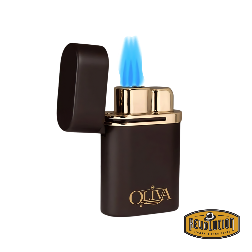 Oliva Triple Torch Table Lighter in brown and gold, featuring the iconic Oliva logo, designed for precision lighting, displayed with the Revolucion Cigars & Fine Gifts logo.