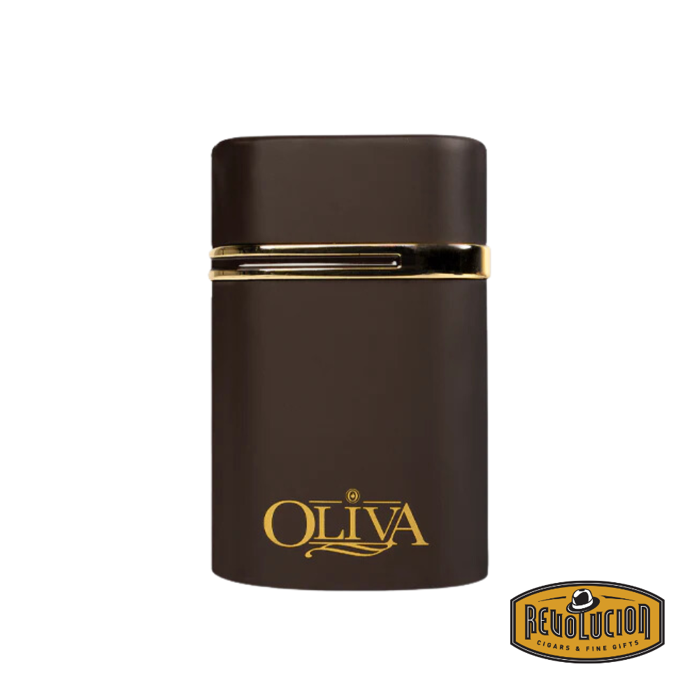 Oliva Triple Torch Table Lighter in brown and gold, featuring the iconic Oliva logo, designed for precision lighting, displayed with the Revolucion Cigars &amp; Fine Gifts logo.