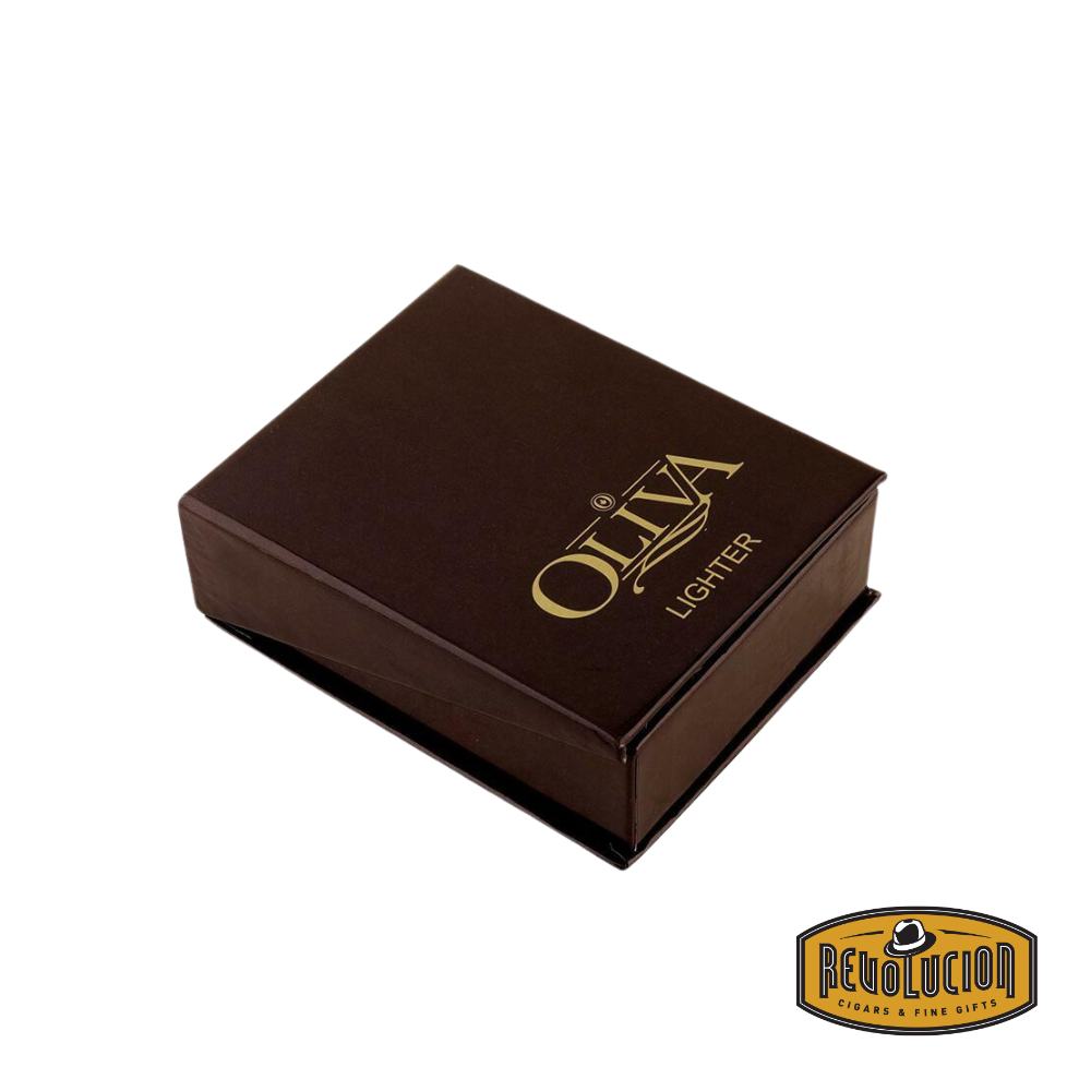 Oliva Triple Torch Table Lighter box in elegant brown with gold lettering, designed for secure and stylish packaging of the Oliva lighter, displayed with the Revolucion Cigars & Fine Gifts logo."