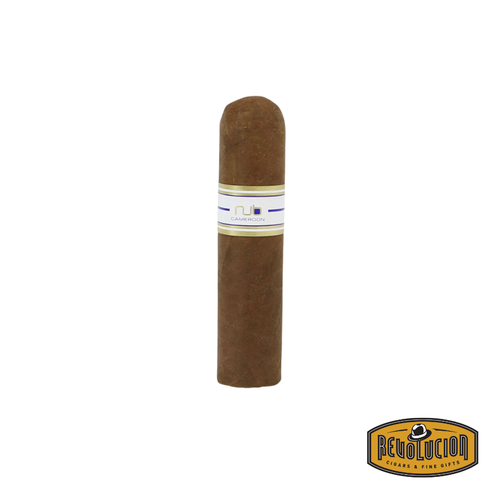 Oliva Nub Cameroon Medium-Full Strength Nicaraguan Cigar with reddish-brown wrapper, short and thick vitola, displayed on a dark wooden table.