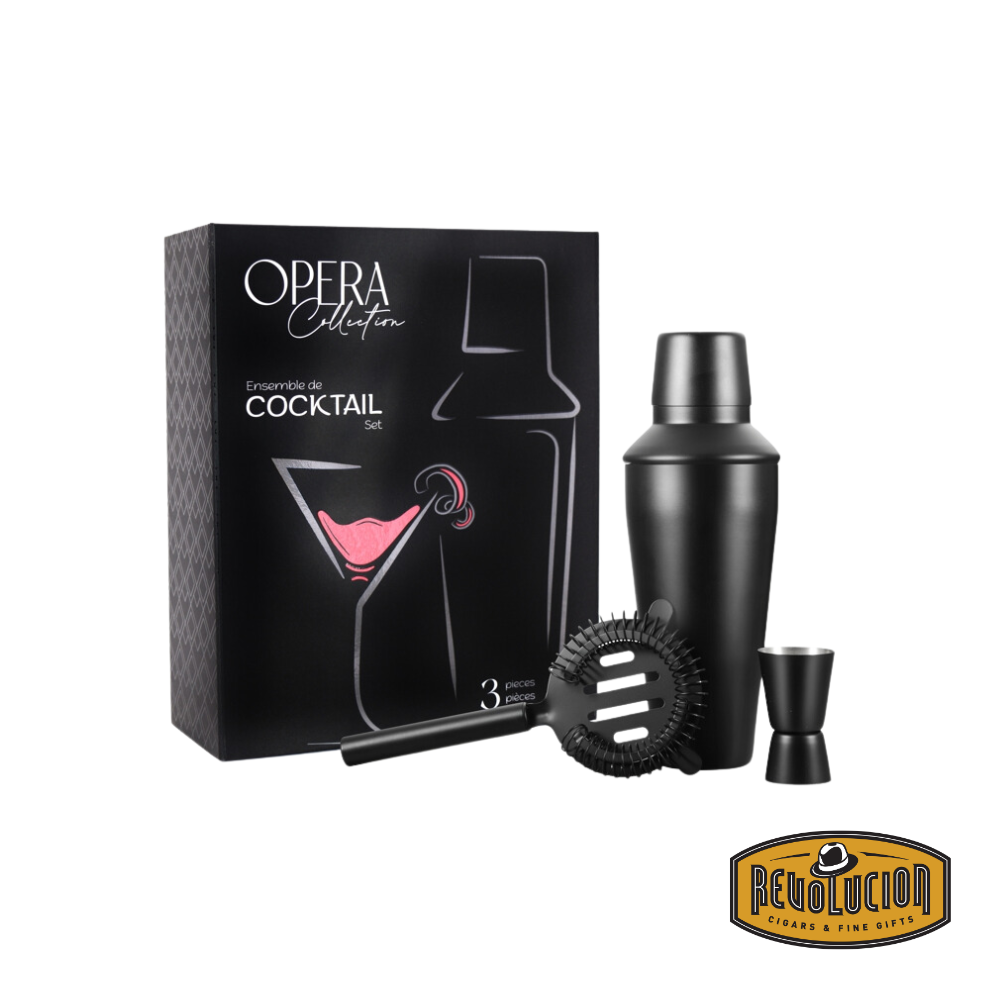 Sleek black cocktail shaker set, including a shaker, strainer, and jigger, designed for professional-quality cocktail making.