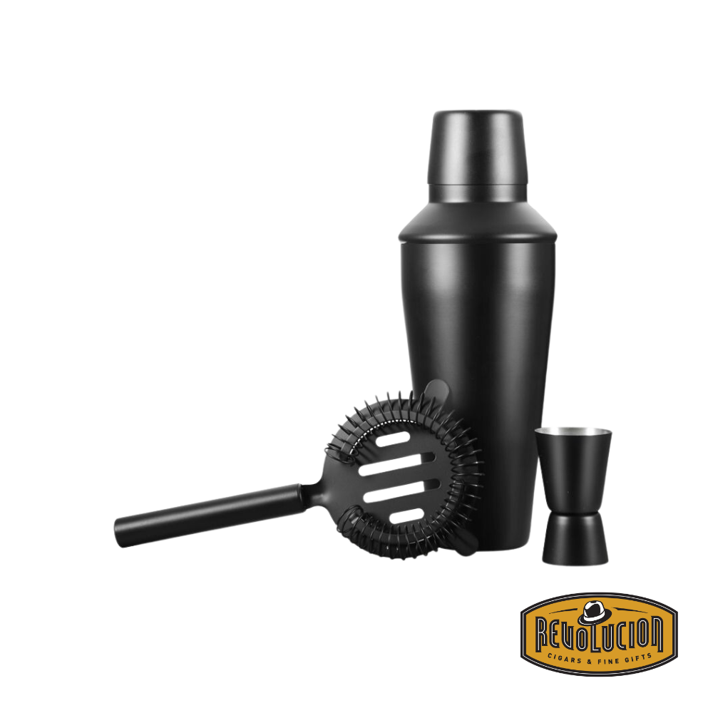 Sleek black cocktail shaker set, including a shaker, strainer, and jigger, designed for professional-quality cocktail making.