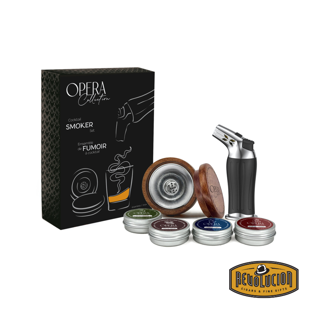 Opera Collection Cocktail Smoker Set, including a torch, wooden lid, and a selection of wood chips in a sleek black box for adding smoky flavours to cocktails.