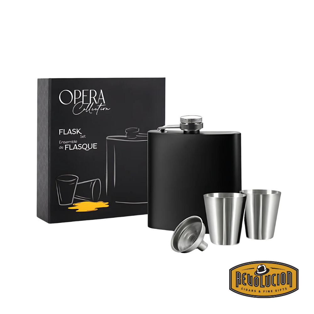 Opera Flask Set 4 Piece by Natural Living, featuring a sleek black flask, two stainless steel shot glasses, and a funnel, elegantly packaged in a stylish box.