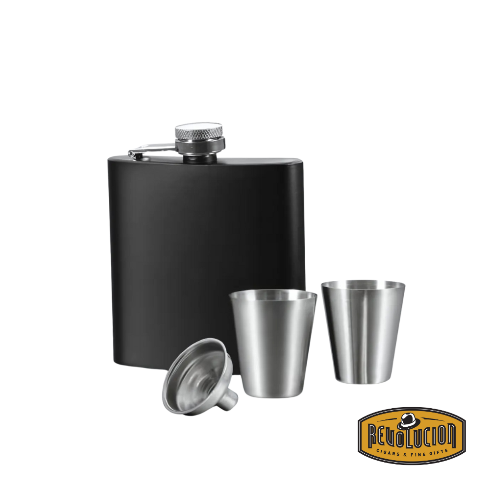 Opera Flask Set 4 Piece by Natural Living, featuring a sleek black flask, two stainless steel shot glasses, and a funnel, elegantly packaged in a stylish box.