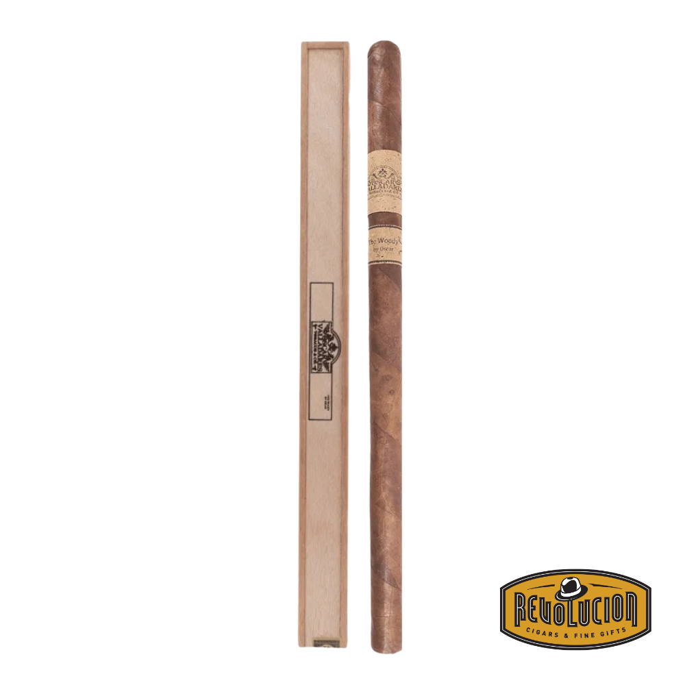 Oscar Valladares The Woody Maduro cigar, an oversized, novelty-format cigar with a dark maduro wrapper and a bold, attention-grabbing wooden box presentation.