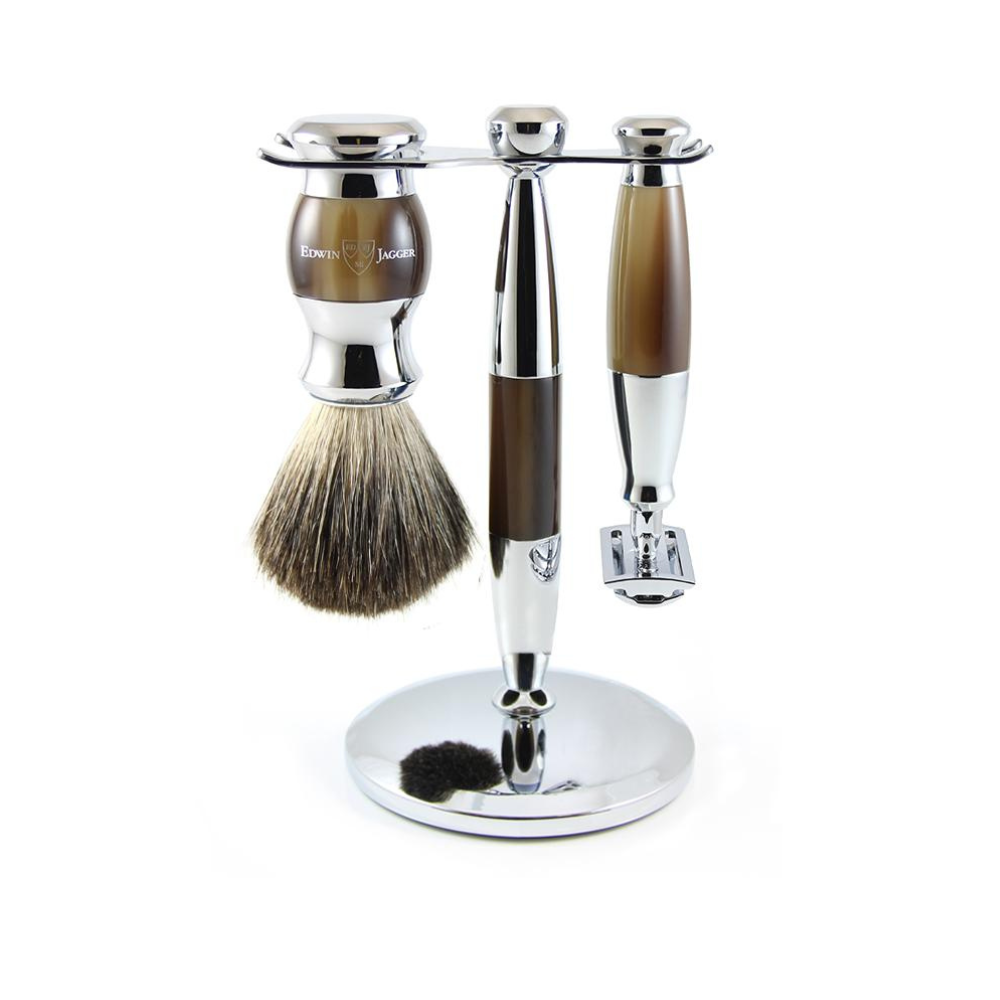 Edwin Jagger 3pc Light Horn &amp; Chrome Double Edge Shaving Set (DE). Revolucion Lifestyle Vancouver, mens gifts, grooming and tobacco store