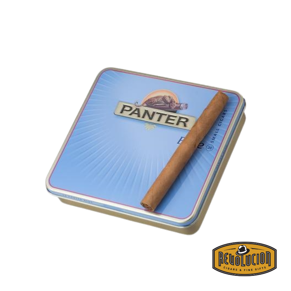 Panter Mini Sky Mild Strength Cigarillo resting on top of its signature blue tin box, featuring the brand’s iconic panther logo.