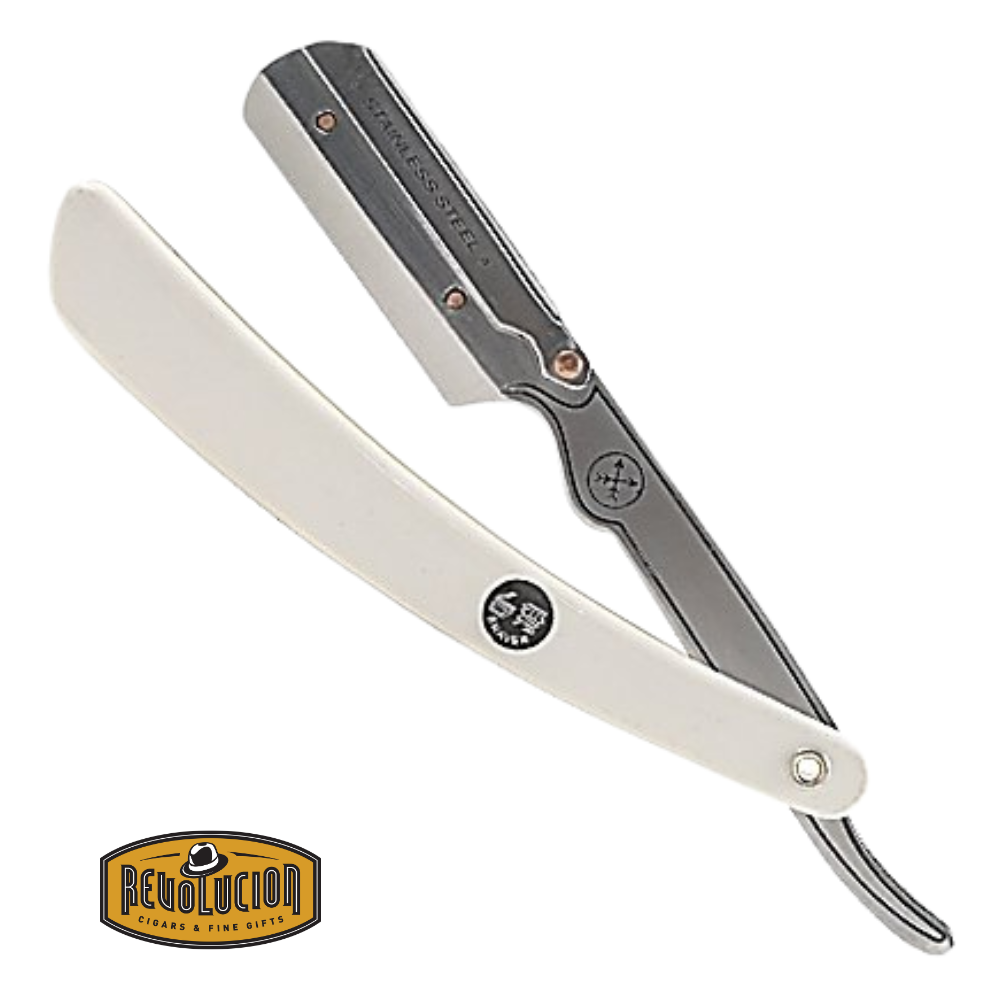 Parker SRW Straight Razor with stainless steel blade arm and white resin handle, open and folded.

