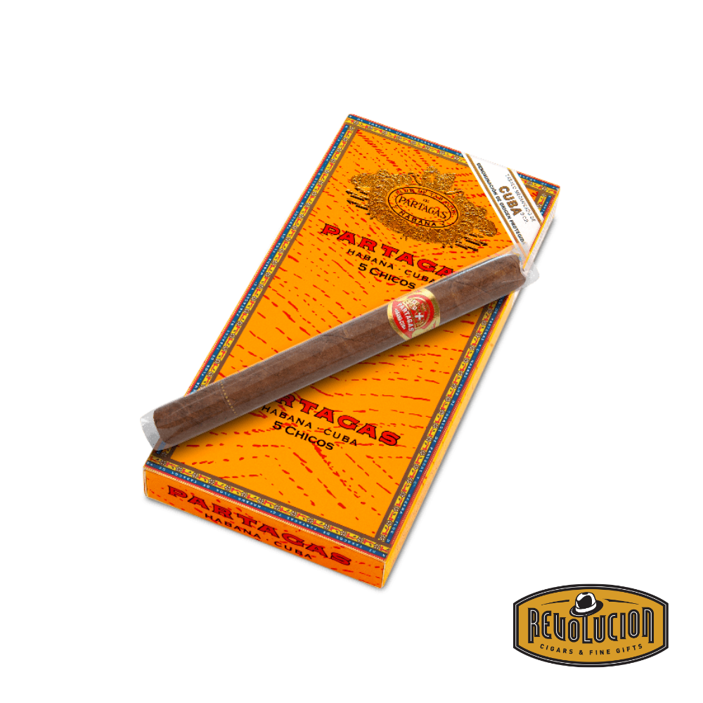 Partagás Chicos Puritos box open to reveal individually wrapped medium-full strength Cuban cigarillos, with one purito placed prominently in front for detail.