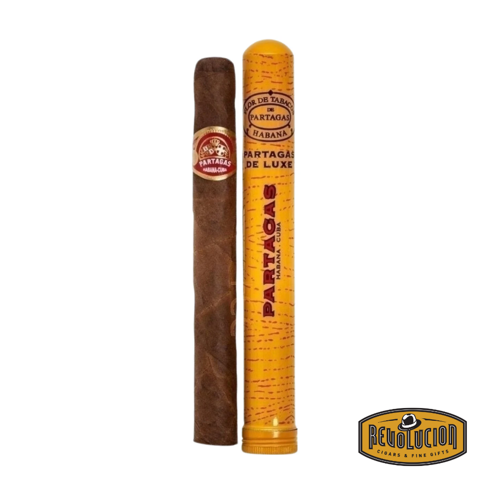 Partagas DeLuxe Cremas Corona – a full-strength Cuban cigar in a corona format, featuring a smooth, caramel-brown wrapper and classic red and gold banding associated with the iconic Partagas brand.
