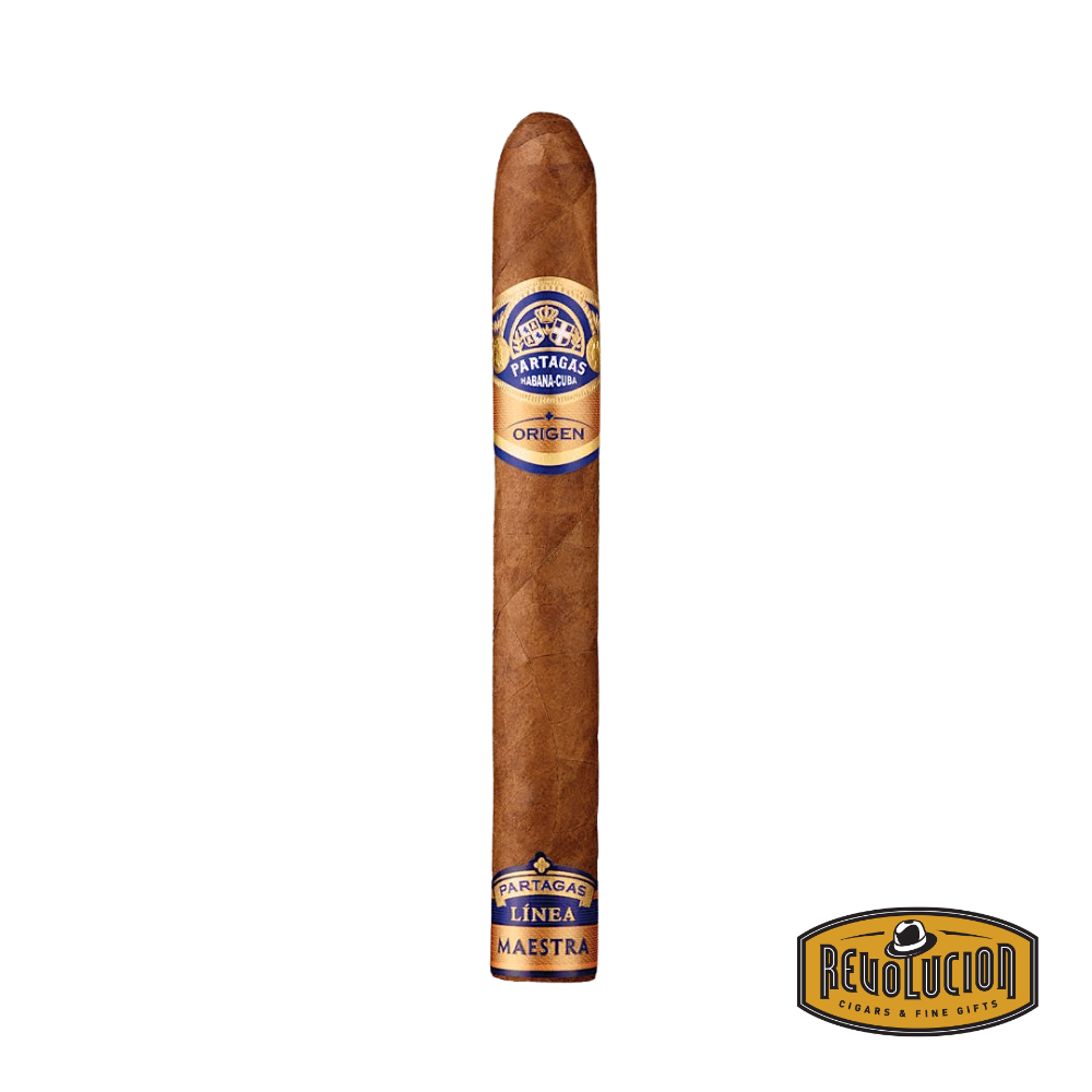 Partagas Linea Maestra Origen Figurado – a medium-full strength Cuban cigar with a unique figurado shape, featuring a rich brown wrapper and a distinctive blue and gold band from the prestigious Linea Maestra series.