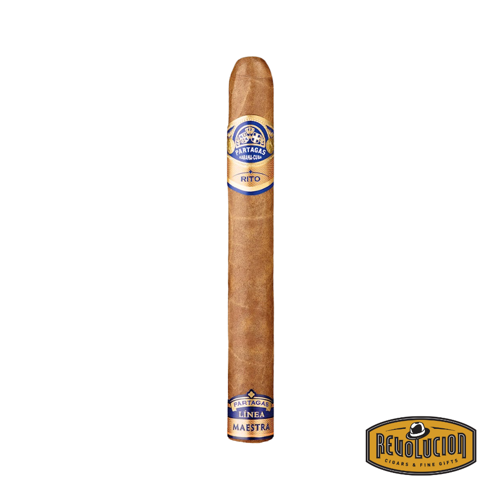 Partagas Linea Maestra Rito Figurado – a medium-full strength Cuban cigar in an elegant figurado shape, wrapped in a smooth, dark brown leaf and adorned with the refined blue and gold Linea Maestra band.