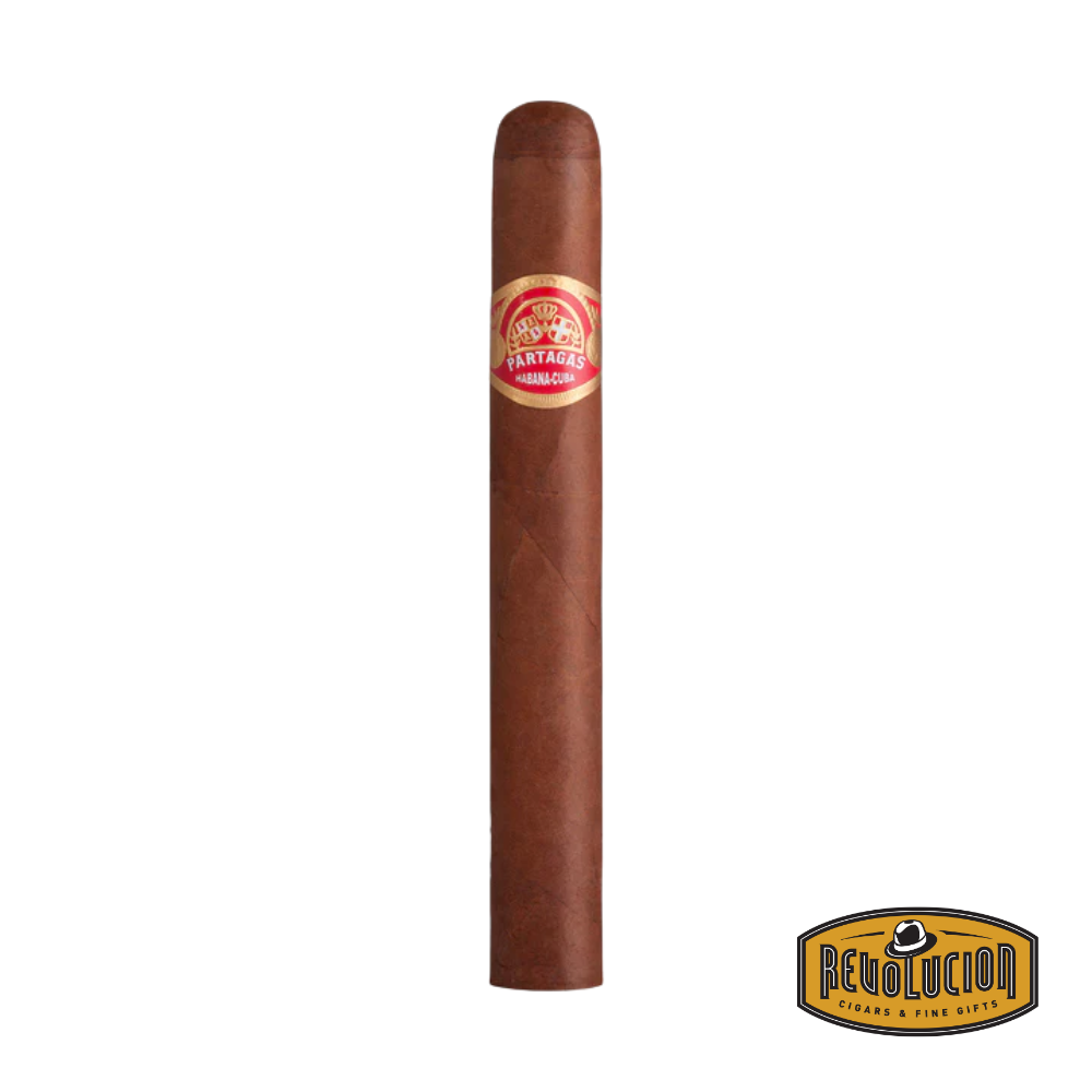 Partagas Mille Fleur H/M Petit Corona Cuban cigar on a white background with the Revolucion logo, featuring a full strength profile and the distinctive red-and-gold Partagas band.