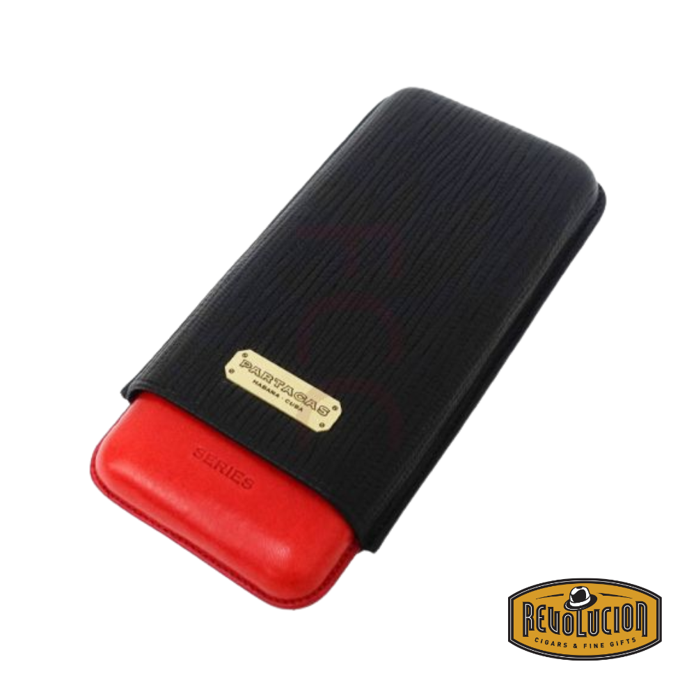 Closed black Partagas Series 3 cigar leather case featuring sleek stitching and embossed logo, designed for premium cigar protection and style.
