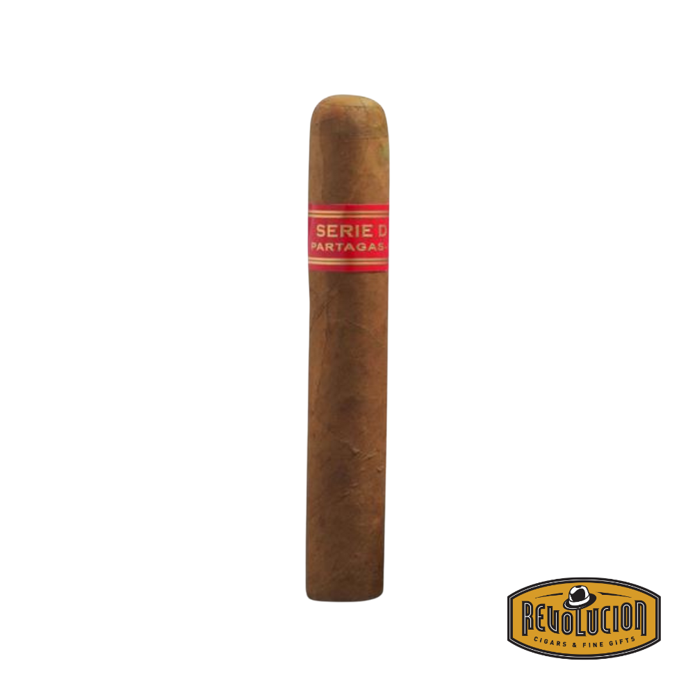 Partagas Series "D" No.4 H/M Robusto Cuban cigar on a white background with the Revolucion logo, featuring a full strength profile and the iconic Partagas band.