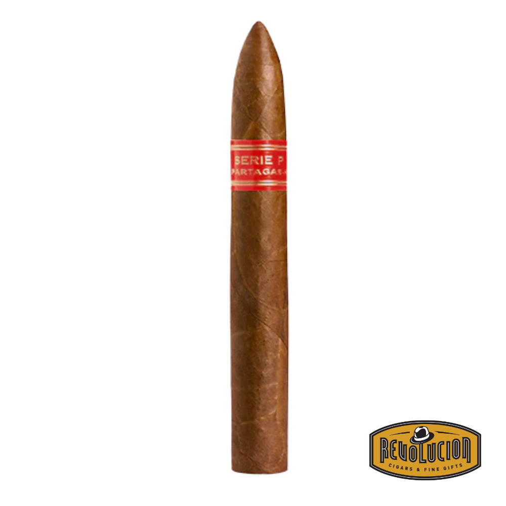 Partagas Series "P" No.2 H/M Torpedo Cuban cigar on a white background with the Revolucion logo, showcasing a full strength profile and the distinctive Partagas band.