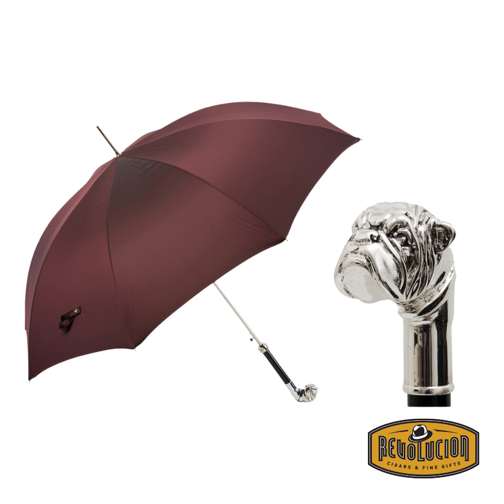 A sophisticated Pasotti Raso Oxford Bulldog Umbrella with a rich burgundy canopy and an intricately crafted silver bulldog handle, exuding elegance and character.
