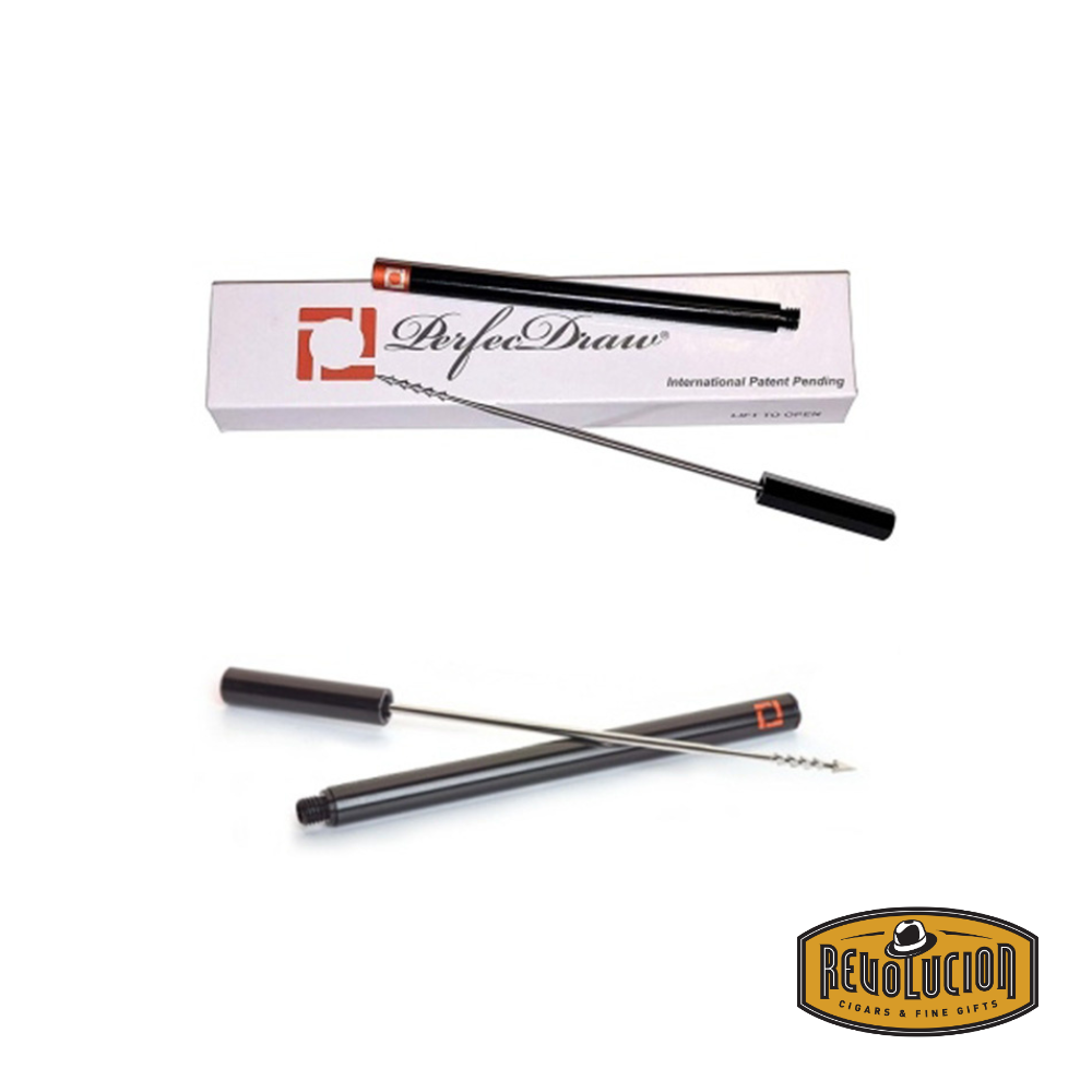 The PerfecDraw Perfect Enhancer Tool displayed with its box, a precision instrument designed to remove small amounts of tobacco and improve a cigar’s draw.