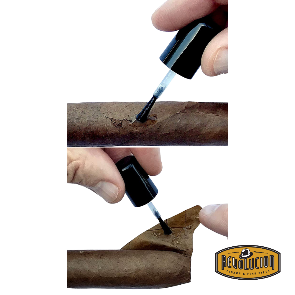 Perfec Repair Cigar Solution being applied to a damaged cigar, seamlessly sealing the wrapper for a smooth smoking experience.