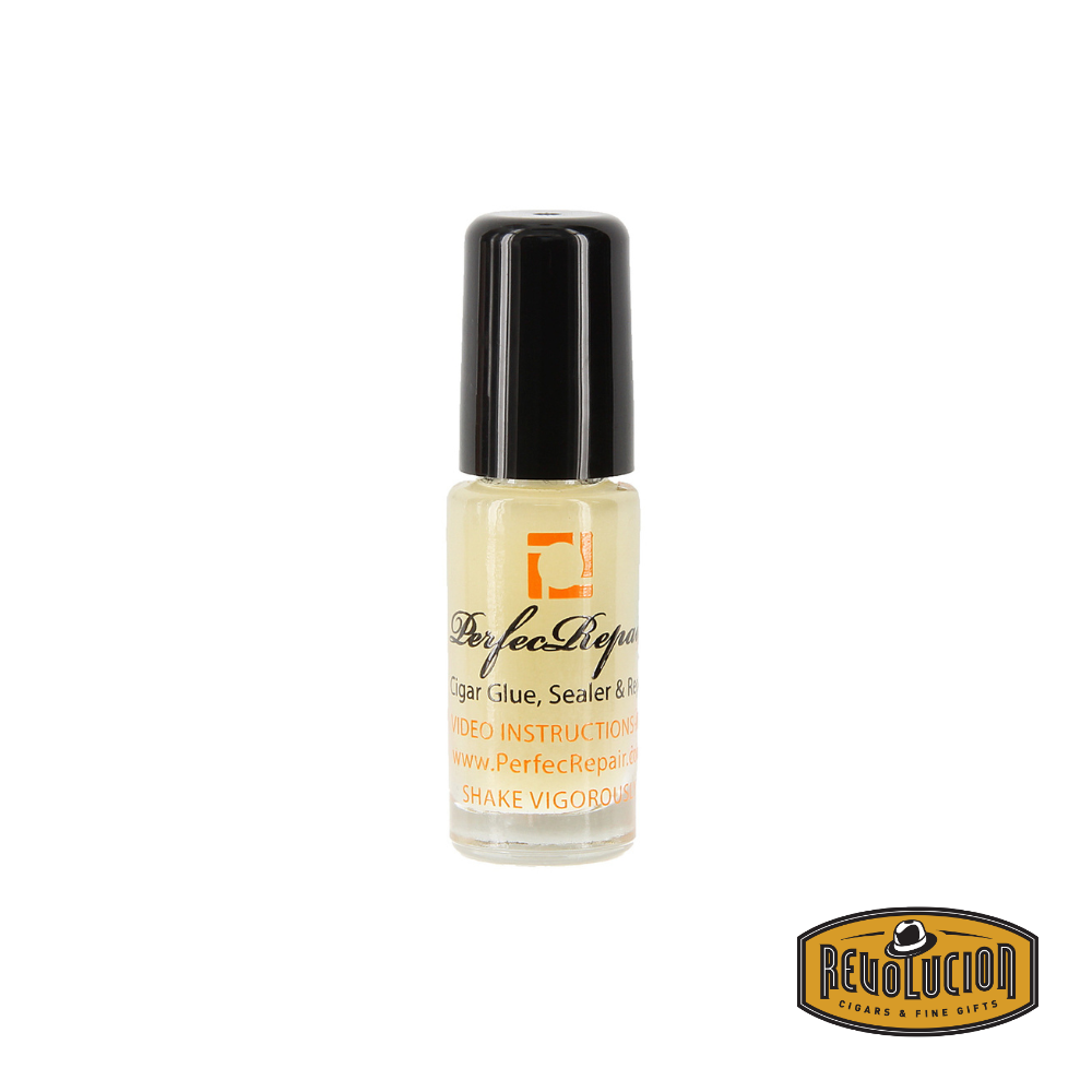 A bottle of Perfec Repair Cigar Solution, designed to restore cracked or peeling cigars without altering their taste or aroma.