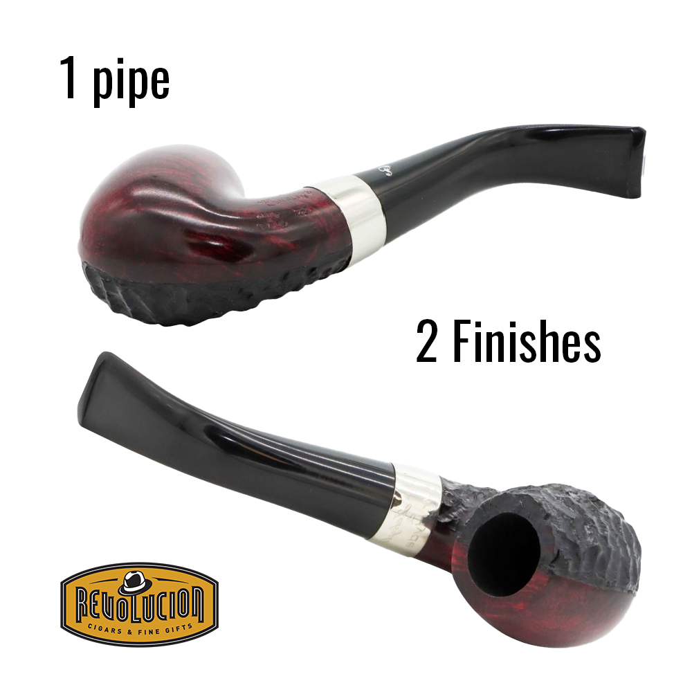 A single Peterson &#39;Jekyll &amp; Hyde&#39; smoking pipe displayed in two orientations to showcase its dual finish. The top view reveals a glossy red finish on the bowl&#39;s surface, blending into the matte black underside visible in the bottom view. Silver band accents where the bowl meets the black stem. Text above reads &#39;1 pipe&#39; and below &#39;2 Finishes,&#39; with the &#39;Revolucion Cigars and Fine Gifts&#39; logo centered at the bottom