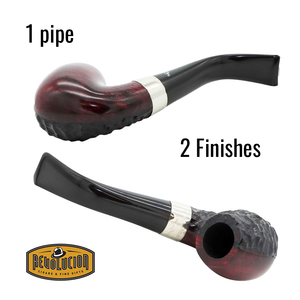 A single Peterson 'Jekyll & Hyde' smoking pipe displayed in two orientations to showcase its dual finish. The top view reveals a glossy red finish on the bowl's surface, blending into the matte black underside visible in the bottom view. Silver band accents where the bowl meets the black stem. Text above reads '1 pipe' and below '2 Finishes,' with the 'Revolucion Cigars and Fine Gifts' logo centered at the bottom