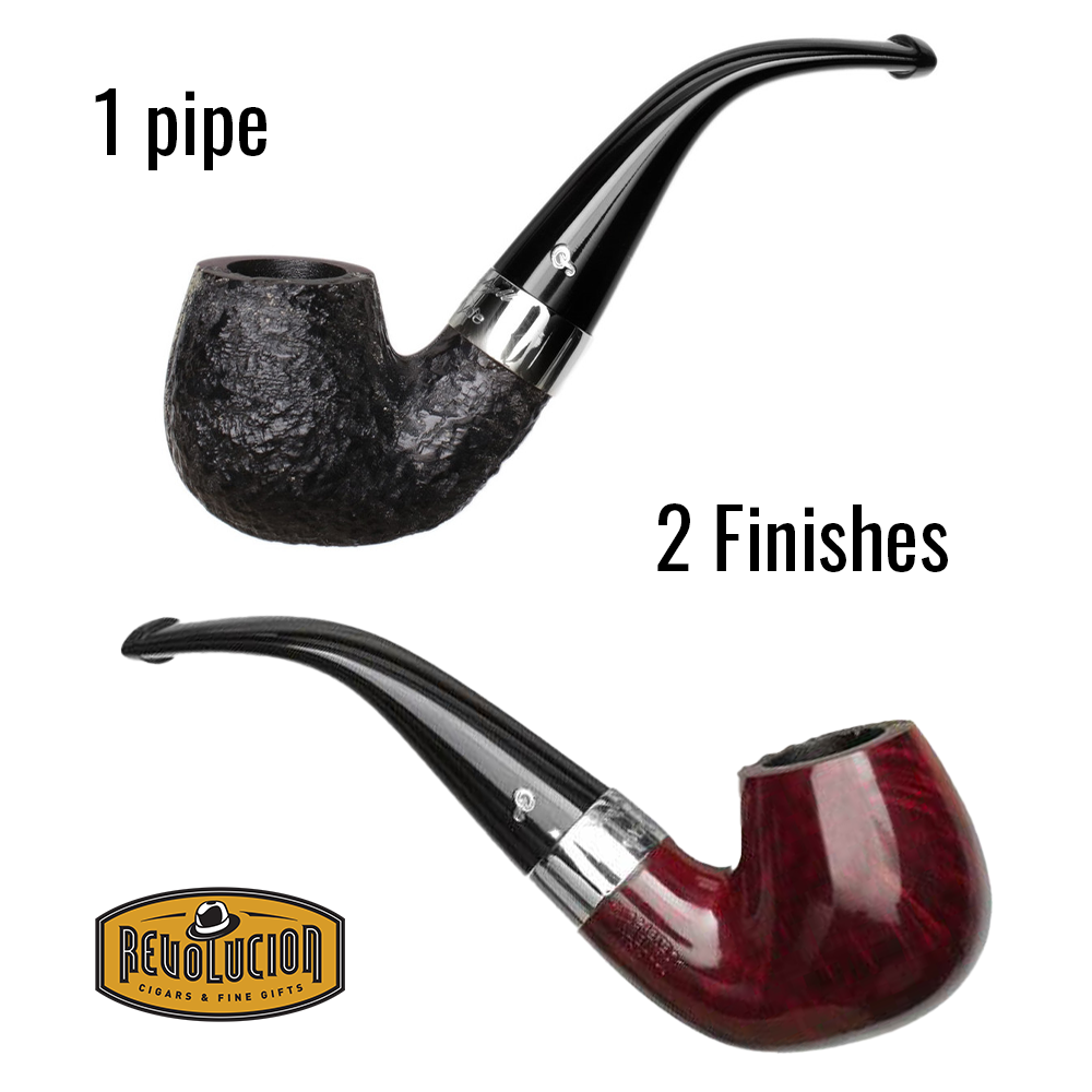 A Peterson &#39;Jekyll &amp; Hyde&#39; smoking pipe with two finishes: matte black on the left and glossy red on the right, divided down the middle. Above, text reads &#39;1 pipe 2 Finishes&#39;, and the &#39;Revolucion Cigars and Fine Gifts&#39; logo is below