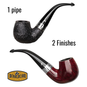 A Peterson 'Jekyll & Hyde' smoking pipe with two finishes: matte black on the left and glossy red on the right, divided down the middle. Above, text reads '1 pipe 2 Finishes', and the 'Revolucion Cigars and Fine Gifts' logo is below